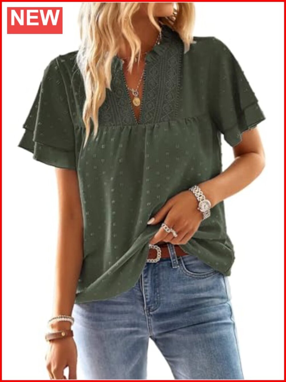 Womens V Neck Crochet Lace Blouse Short Sleeve Boho Top